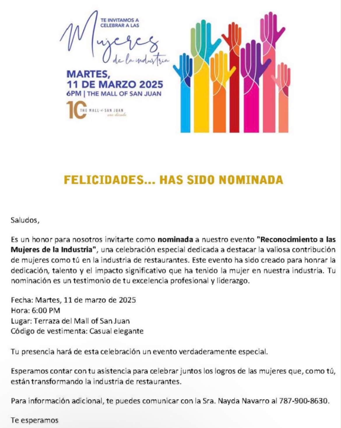 Invitación a la celebración Mujeres de la Industria, Mall of San Juan, 11 de marzo 2025