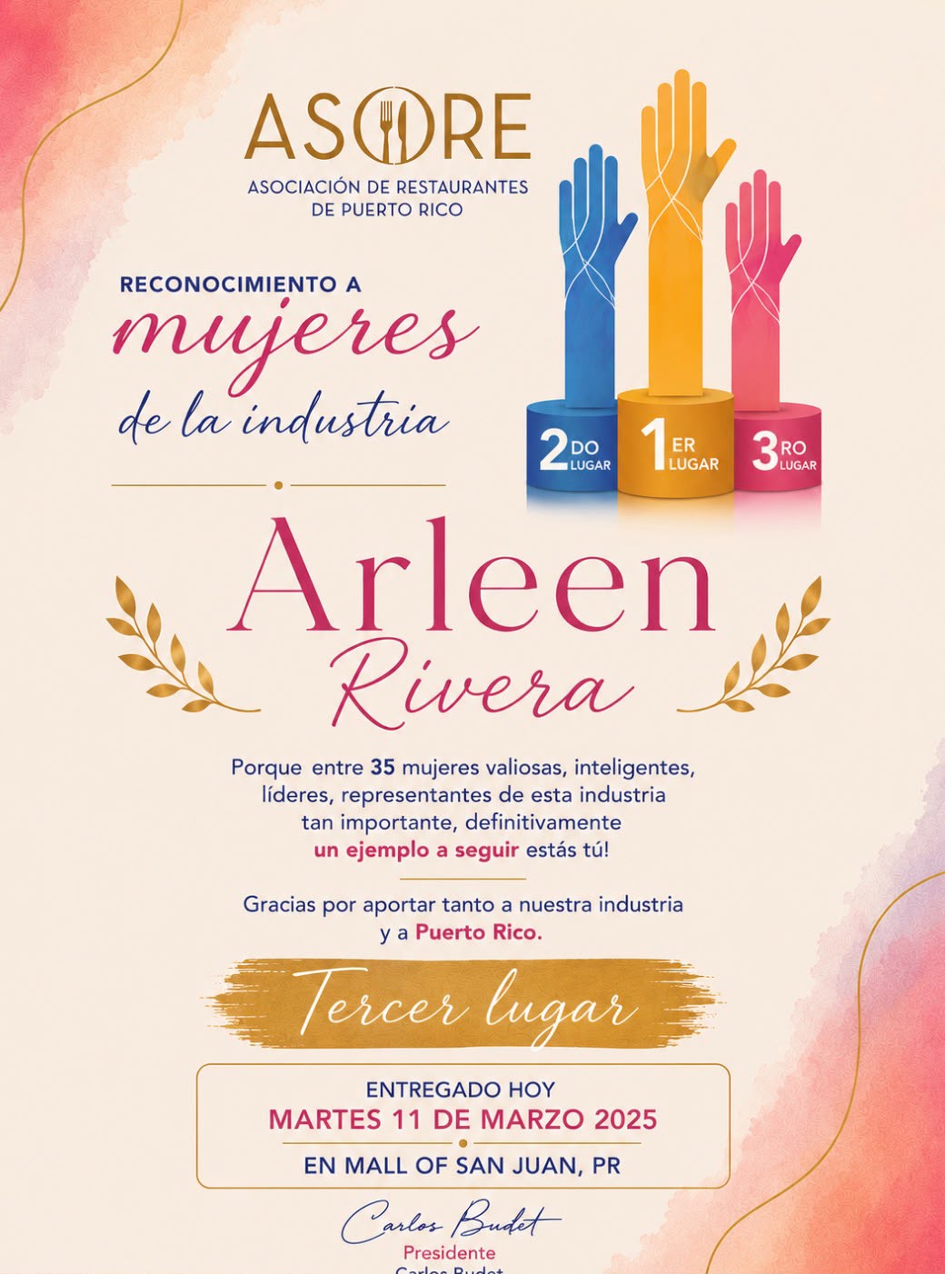 Certificado de reconocimiento de ASORE, Asociación de Restaurantes de Puerto Rico, Tercer lugar a Arleen Rivera